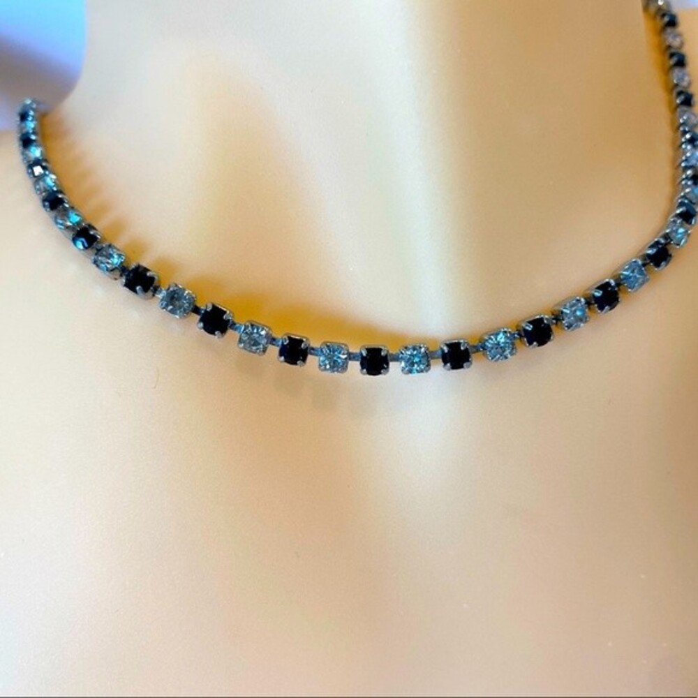 Vintage Choker Necklace Silver tone with Square Black Onyx & Clear Crystals 14”